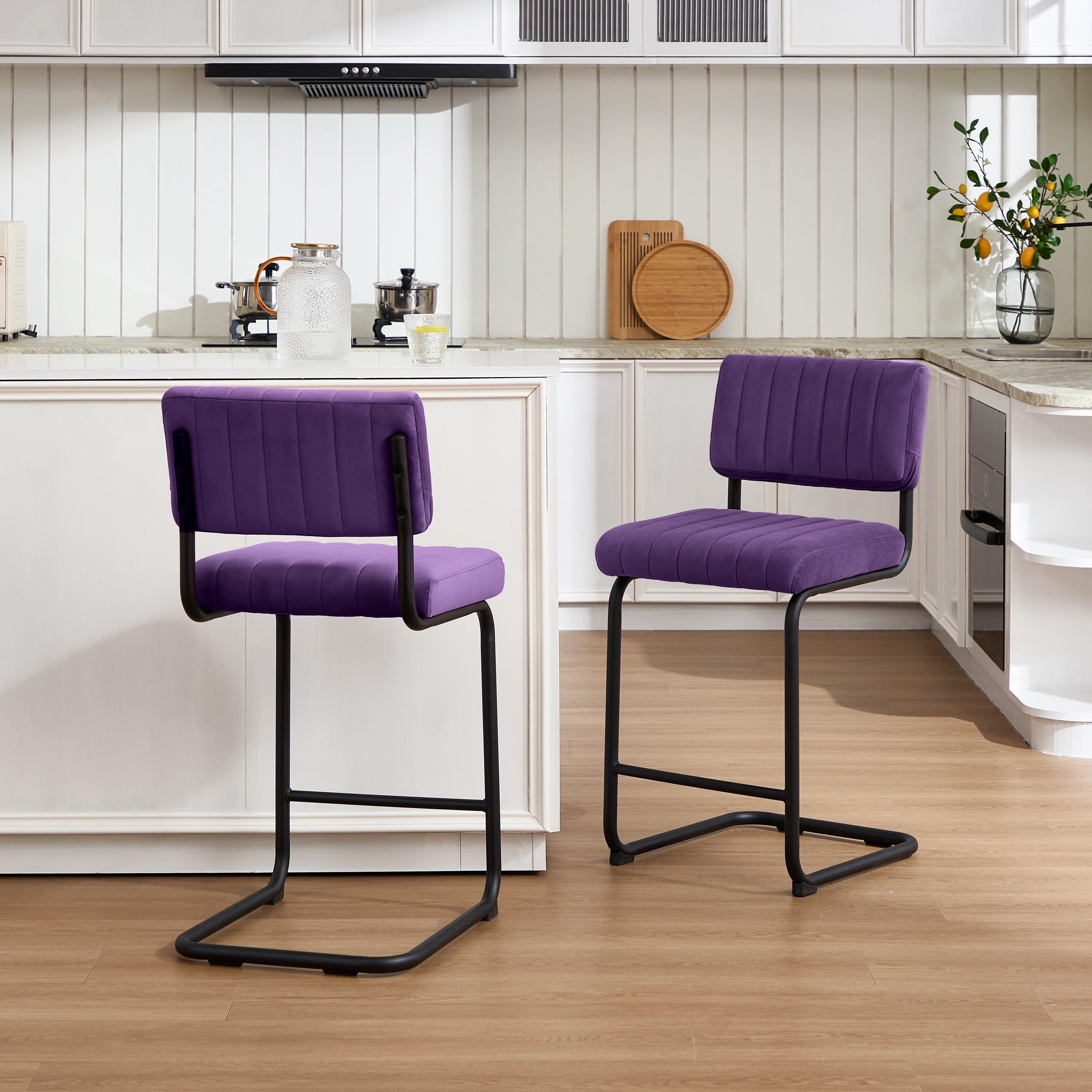 ONEVOG 24''H Counter Height Bar Stools Set of 2, Morden Counter Barstools with Velvet and Black Metal Legs, Upholstered Bar Stool for Kitchen Island, Purple