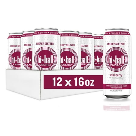 Hiball Clean Energy Drink, Zero Sugar Caffeinated Seltzer Water, Wild Berry, 16 Fl Oz, 12 Pack