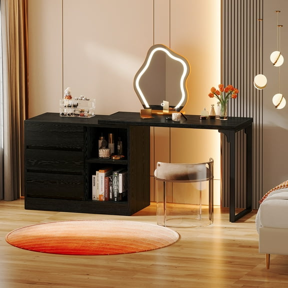 Tribesigns Vanity Desk with 3 Drawers and 2 Shelves, Small Makeup Vanity Table with Reversible Storage Cabinet, Modern Corner Dressing Table for Bedroom, Makeup Room (Without Mirror) (Black)