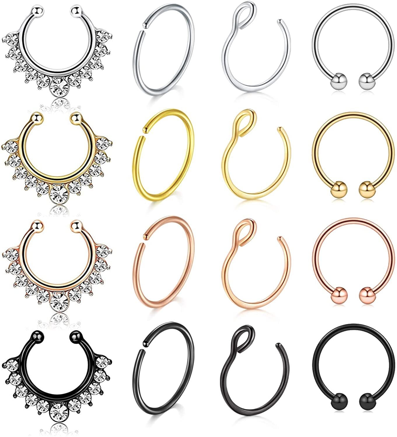 Briana Williams 12PCS Stainless Steel Ear Cuff Ear Clips Non Piercing Cartilage Earrings Fake Nose Lip Suptum Ring Set for Men Women 8 Various Styles Faux Body Piercing Jewelry 