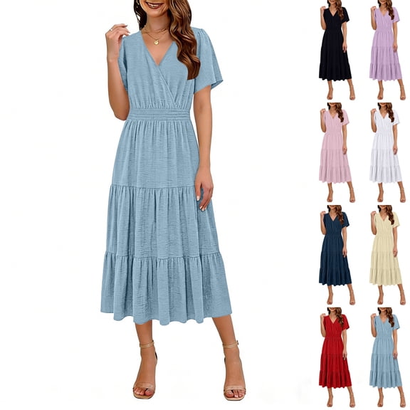 Tqcoqu Women's Casual Summer Dress V Neck Short Sleeve Flowy Stretchy Comfort Fit for Daily Wear Work Midi Dresses,Light Blue,Women's S-XXL