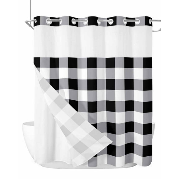 No Hook Shower Curtain with Snap-in Liner, Vintage Farmhouse Waterproof Fabric Bathroom Curtains, Black and White Checkered Bath Curtains & Mesh Top Window Stand Up Stall Standard 72''x72''