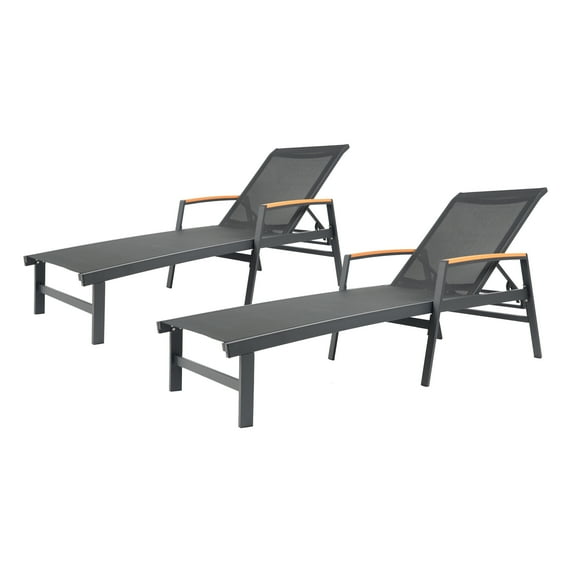 GDF Studio Joy Outdoor Aluminum Adjustable Chaise Lounges, Set of 2, Black Mesh