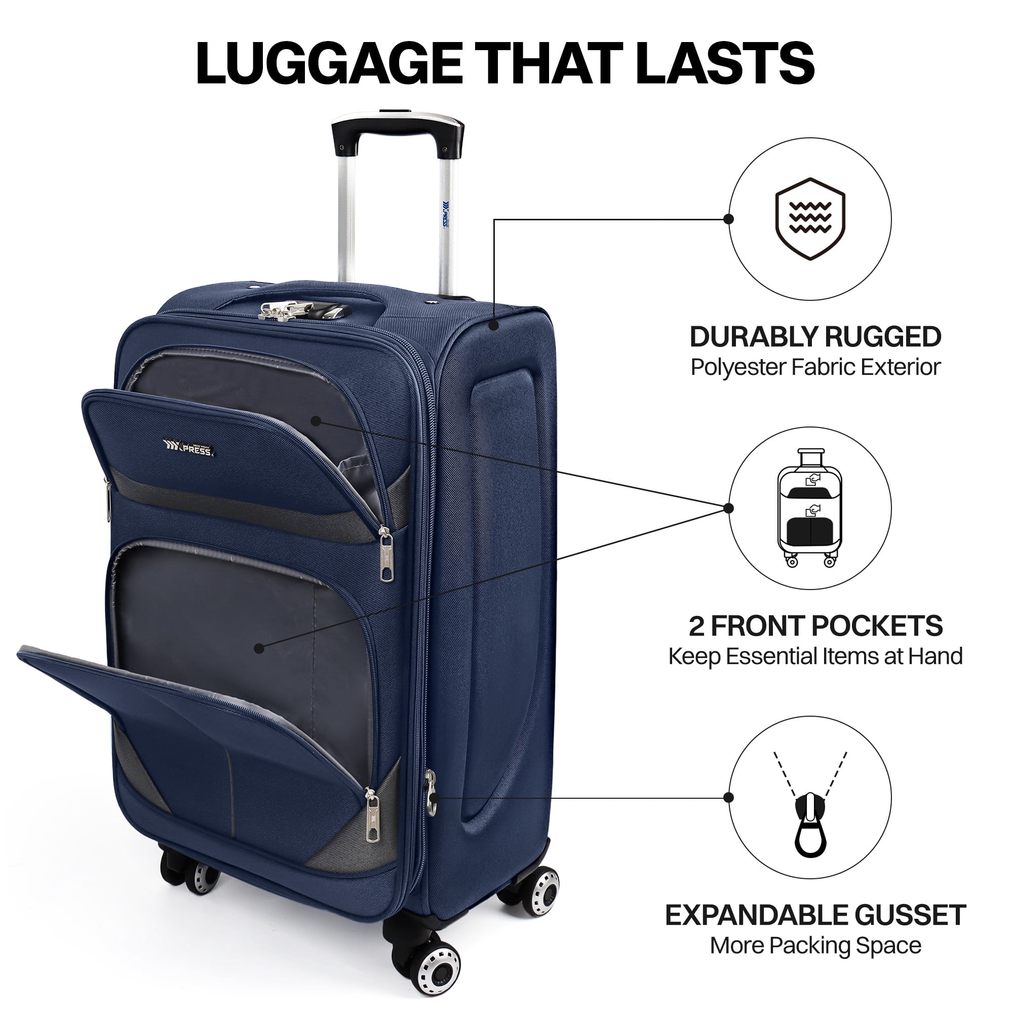 New York Xpress 3-Piece Softside Luggage Set Lightweight Spinner Expandable Suitcases, 20"/24"/28", Navy/Grey, WD8815