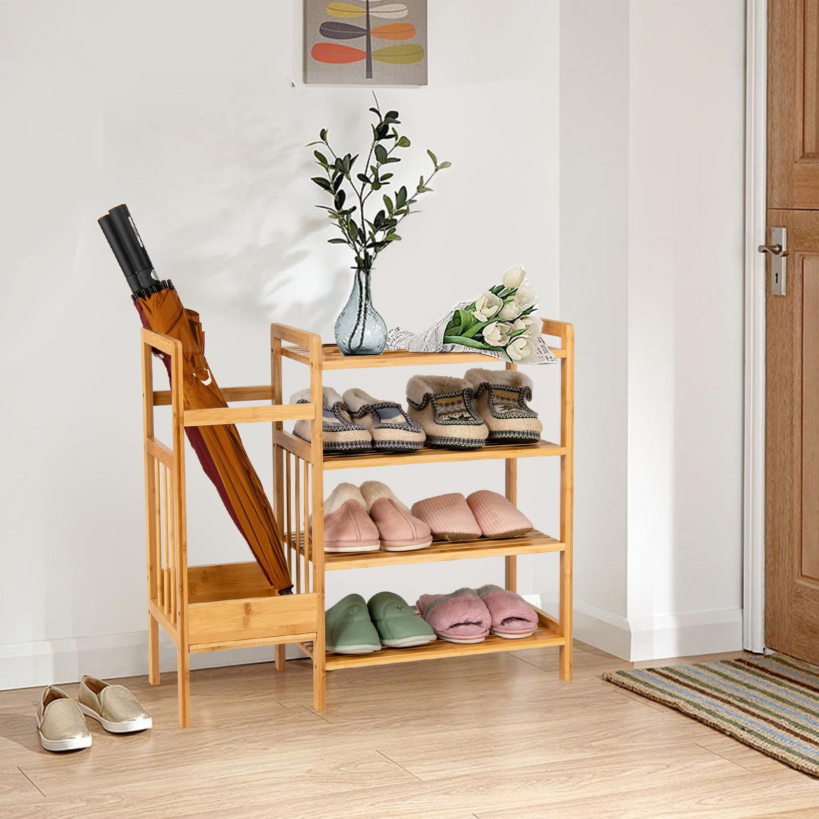 Giantex 4 Tier Shoe Rack with Umbrella Stand Free Standing Entryway Organizer with Bamboo Frame Multifunctional Shoe Shelf for Entryway Hallway Living Room Staircase Walmart
