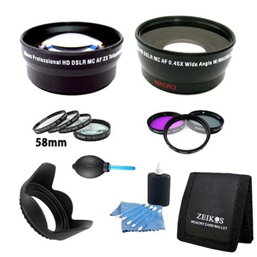 13 pc Kit 58 mm Lens UV, Polarizer & FLD Deluxe Filter Telephoto Lens Hard Lens Hood Wide Angle