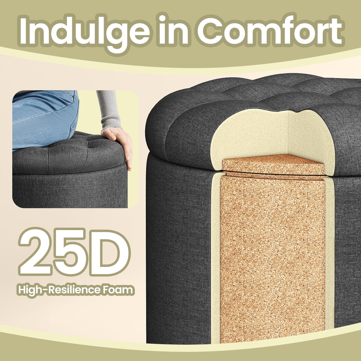 LEDREM Round Storage Ottoman - 17.7" Foot Rest with Hidden Storage, 330lb Capacity, Linen-Look Upholstery, Non-Slip Feet - for Living Room, Bedroom, Dark Gray