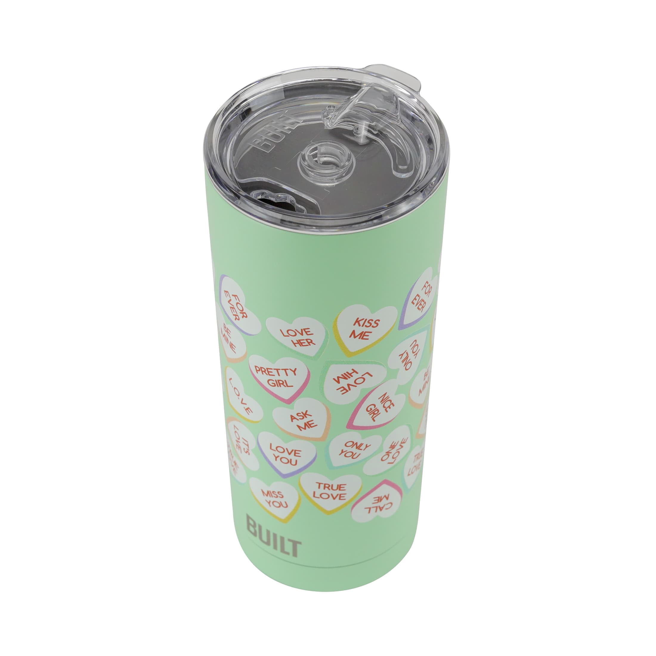 BUILT Valentine's Day Insulated Stainless Steel 20 oz Tumbler Green Conversation Hearts