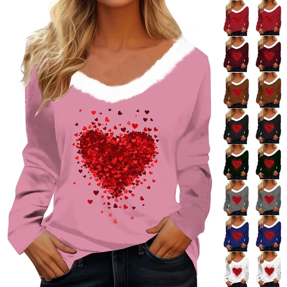 Inverlee Valentine's Day Shirts Women Plus Size Love Heart Print Tees Work Long Sleeve Blouse V Neck Holiday T-shirt Tops Valentines Day Gifts for Teen Girls