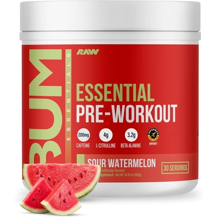 Raw Nutrition Essentials Performance Pre-Workout Powder, Sour Watermelon, 30 Servings