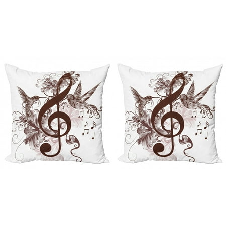 Music Throw Pillow Cushion Cover Pack of 2, Floral Design Treble Clef and Singing Flying Birds Sparrows Art, Zippered Double-Side Digital Print, 4 Sizes, Chestnut Brown White, by Ambesonne