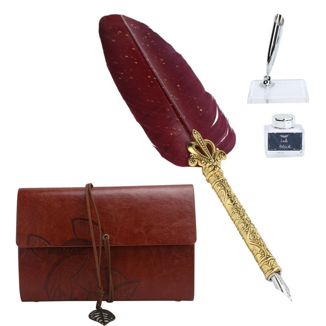 Feather Dip Pen Set, With Faux Leather Cover, Beautiful And Generous, Simple And Practical, Durable To Use, Feather Writing Pen Set, For School Home SP236906 Sprinkled Gold Wine