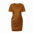 thumbnail image 3 of ZEHJUHAN Women's Solid Color Round Neck Short Sleeve with Cross Hem Ruffles Slim Fit Summer T-Shirt Dress Brown，M, 3 of 8