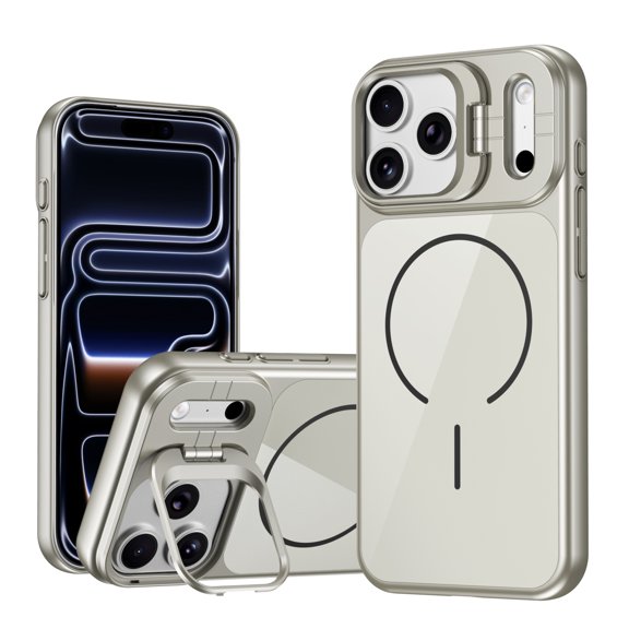 Case for iPhone 17 Pro with Camera Cover Kickstand, Compatible with MagSafe, Ultra Slim Protective Hard PC Tempered Glass Scratch-Resistant Phone Case Cover, Silver