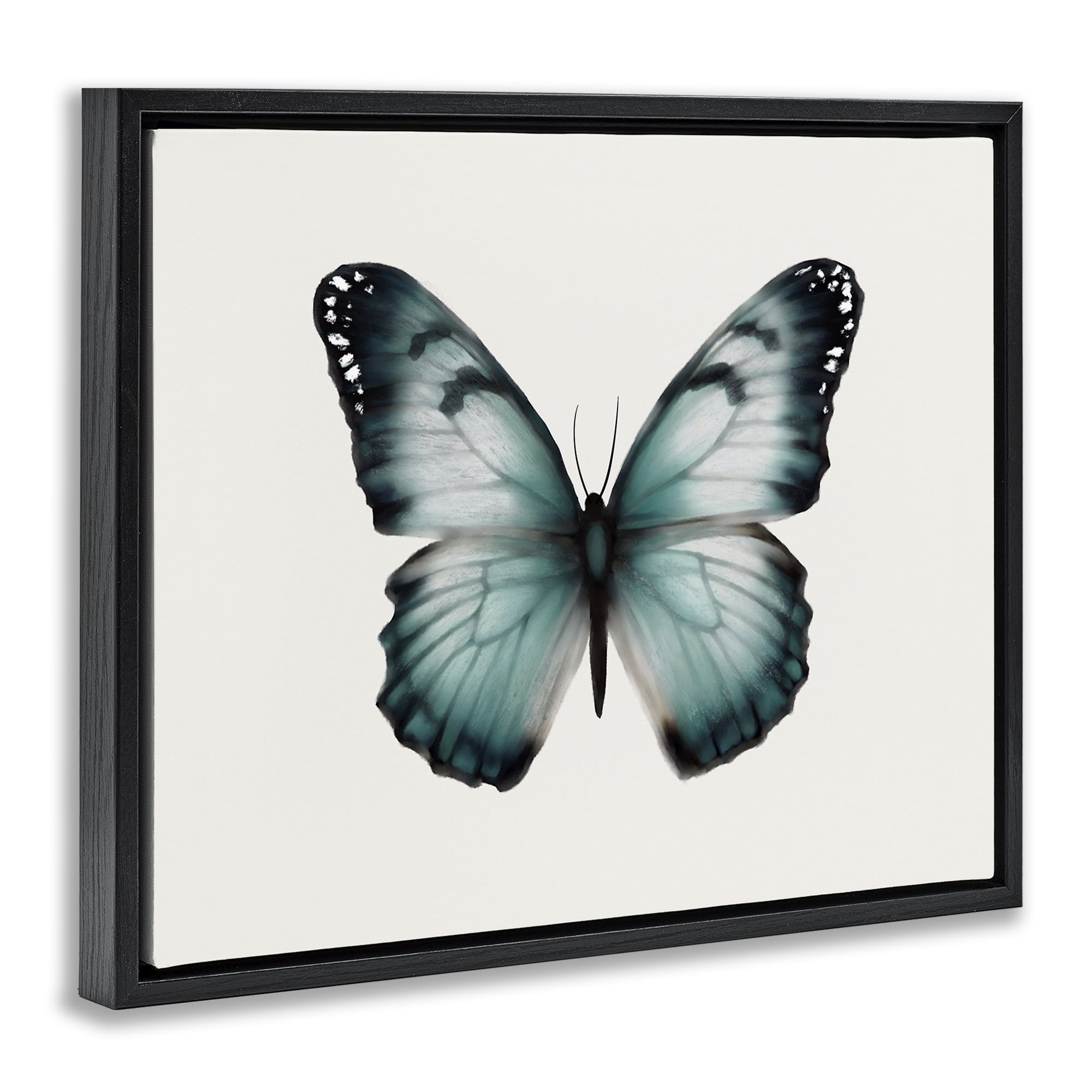 Stupell Industries Teal Symmetrical Butterfly Animals Painting Black Floater Framed Canvas Art Print Wall Art, 21 x 17