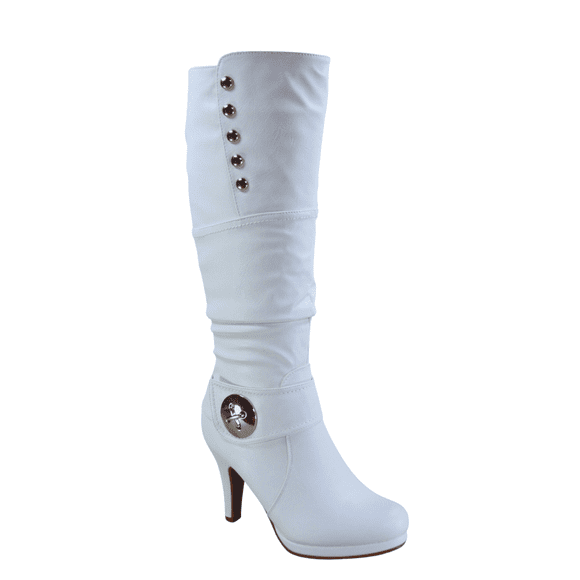 Bottes Chaussures Mode Décontractées pour Femmes à Talons, Hauteur Genou, Plateforme, Fermeture Éclair Latérale, Boucle ( Blanc, 7.5)
