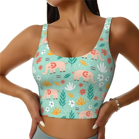 Xecao Elephant and Flowers for Sports Bra with Removable Pads  Crop Tank Top Design  Women s Longline Sports Bra - Non-Wired - XX-Large
