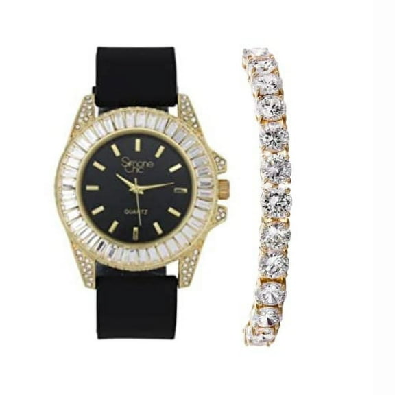 Women's Baguette Cut Iced Out Diamond Watch - Drop it Down with This Bling'ed Out Crystal Tennis Bracelet on Your Wrist Ladies! - ST10372MLA-TB (ST10372SLA Rubber Gold Black- TB)