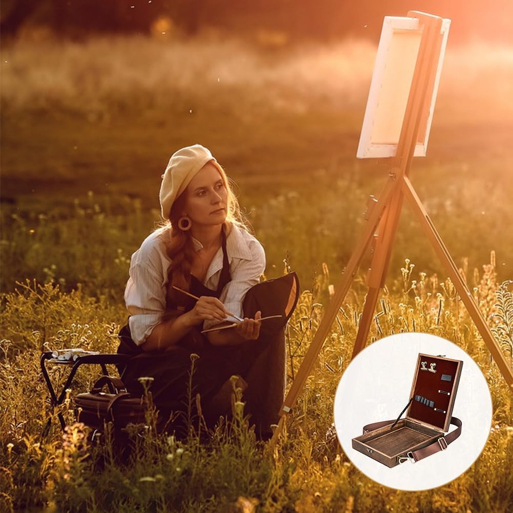 Writers Messenger Wood Box Tabletop Easel Box Painting Brush Tool Storage Cage Portable Storage Easel Box with Band for Outdoor Painting Drawing Sketching Writing