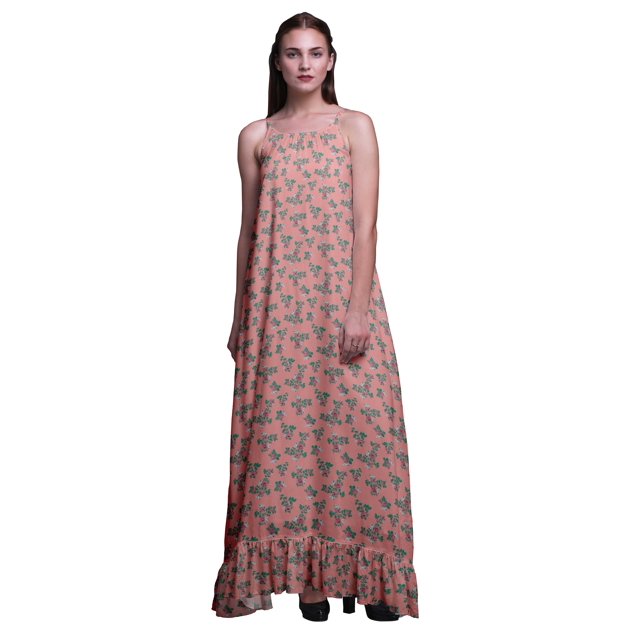 Bimba Chemise de Nuit Imprimée Feuilles Florales & Roses pour Femmes Robe Maxi à Bretelles Spaghetti Vêtements de Nuit Moyen