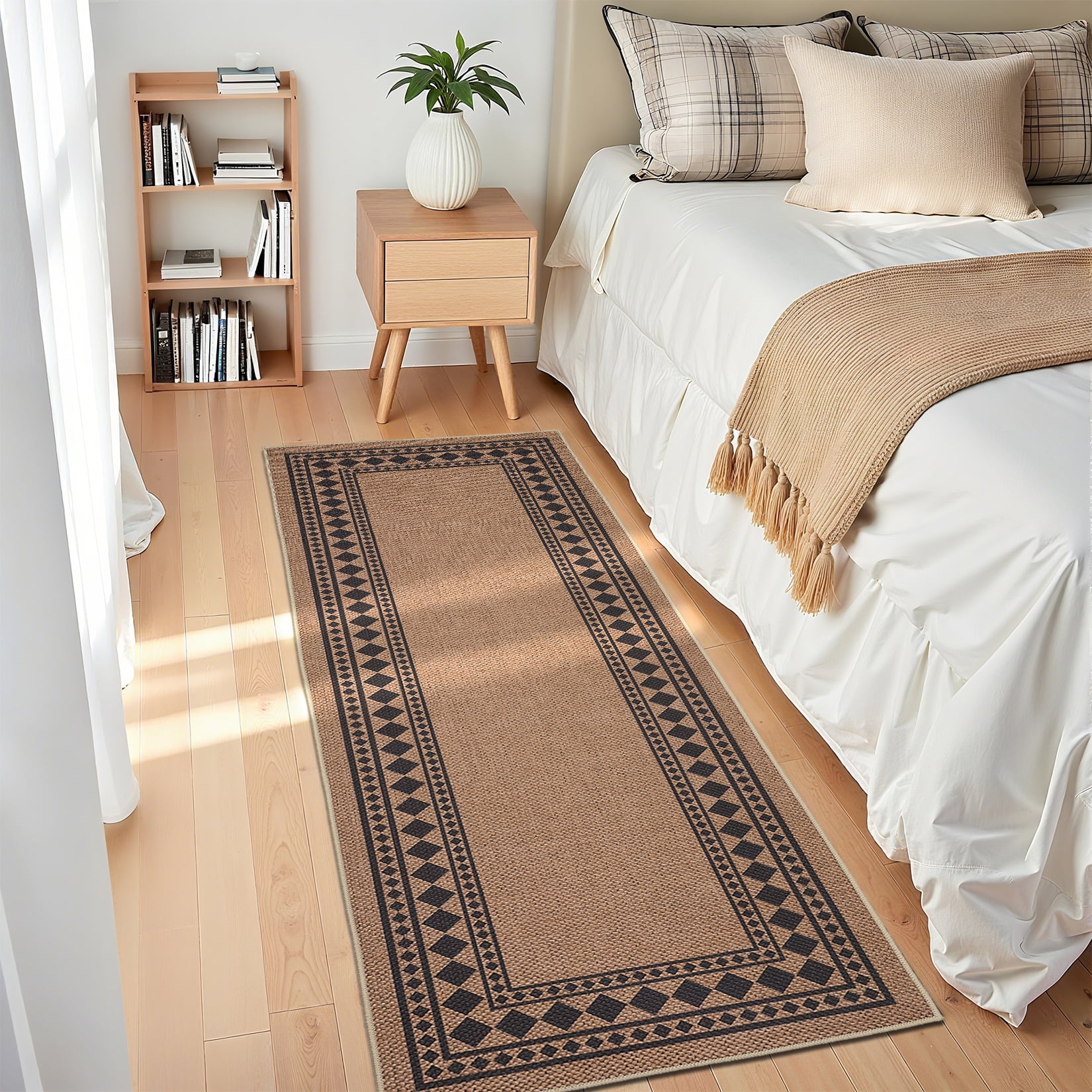 Hasoo Bordered Easy Jute Runner Rug 2x6 Kitchen Indoor Outdoor Entryway Non-Slip Washable Neutral Carpet for Front Door Porch, Brown