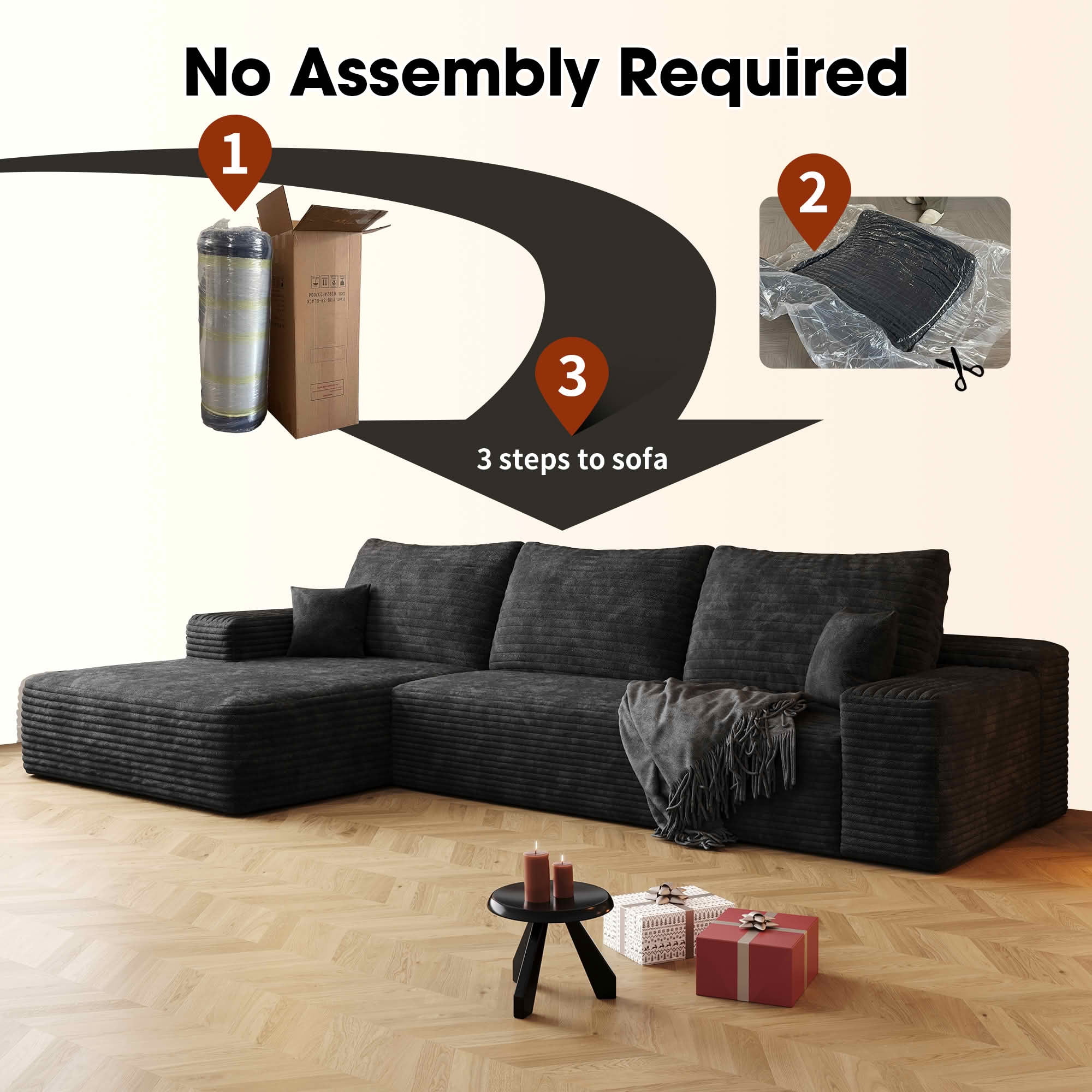 MAYEERTY L-Shaped Modular Sectional Sofa, Plush Corduroy Cloud Couch with Chaise, No Assembly Leisure Sofa for Home