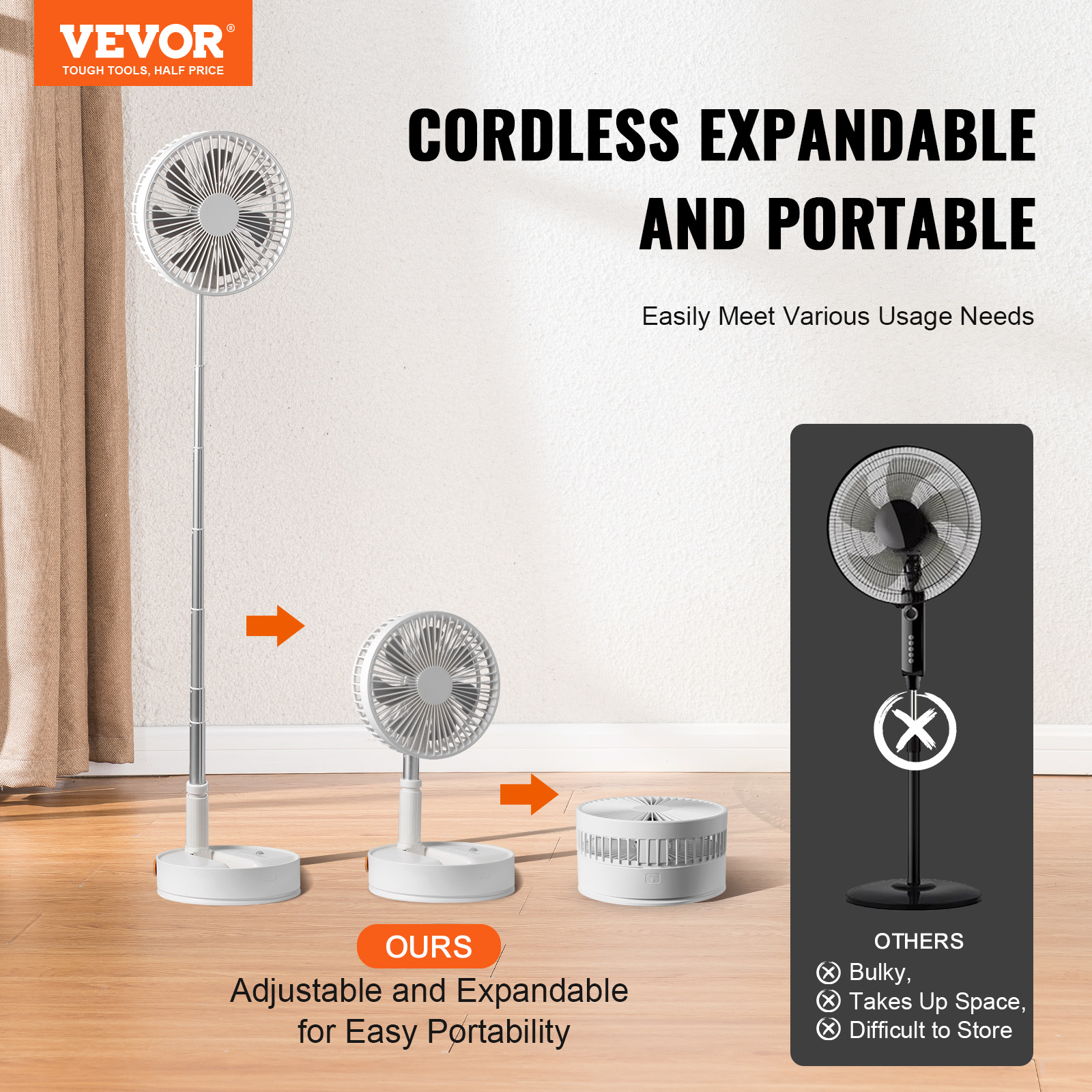 VEVOR 8 Inch Foldable Oscillating Standing Fan with Remote Control, 4 Speed Adjustable Portable Desk Quiet Fan, 7200mah Rechargeable USB Small Fan, Folded Rotating Floor Fan