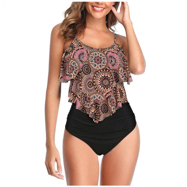 Pisexur Swimsuits for Women Two Piece Bathing Suits Ruffled Flounce Top with High Waisted Bottom Bikini Set