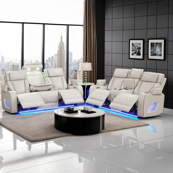 Fortuner Modern 2PC Livingroom Set Made with faux leather & Wood in Beige