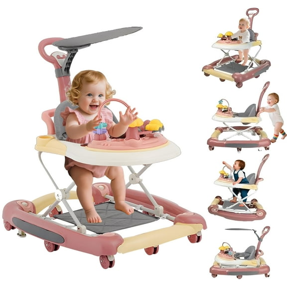 ManyFun 5-in-1 Baby Walker, Musical Activity Push Walker with Detachable Awning Footrest, Adjustable Height, Pink