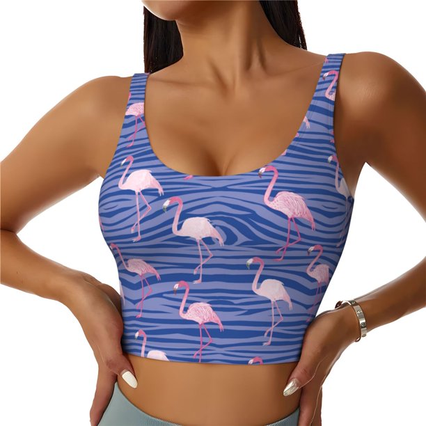 Fotbe Flamingo Sujetador Deportivo Largo sin Aros para Mujer con Almohadillas y Soporte Medio, Transpirable y Absorbente, Camiseta Tipo Chaleco o Tank Top-Large