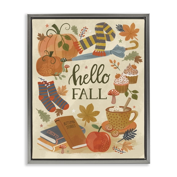 Stupell Industries Farmhouse Hello Fall Cozy Autumn Items Gray Floating Frame Canvas Art, 25 x 31, by Lisa Perry Whitebutton