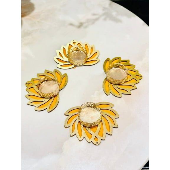 Decorative Lotus Tea Light Candle Holders Set of 4 – Yellow & Gold Metal T-Light Holders for Festive Decor, Diwali, Home Temple – No Wax Candle Included