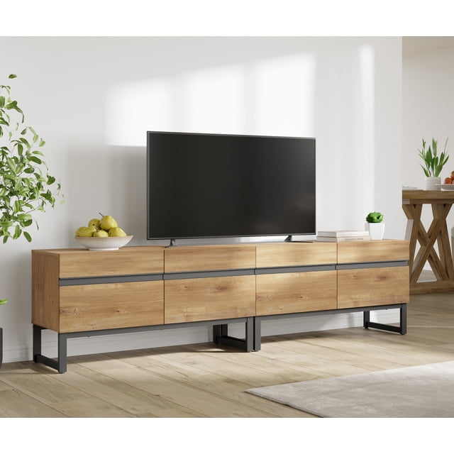WAMPAT, Modern 2 in 1 TV Stand, Fits Up to 75", Wood Entertainment Center with Storage Cabinets, Metal Base, Living Room Media Console, Oak