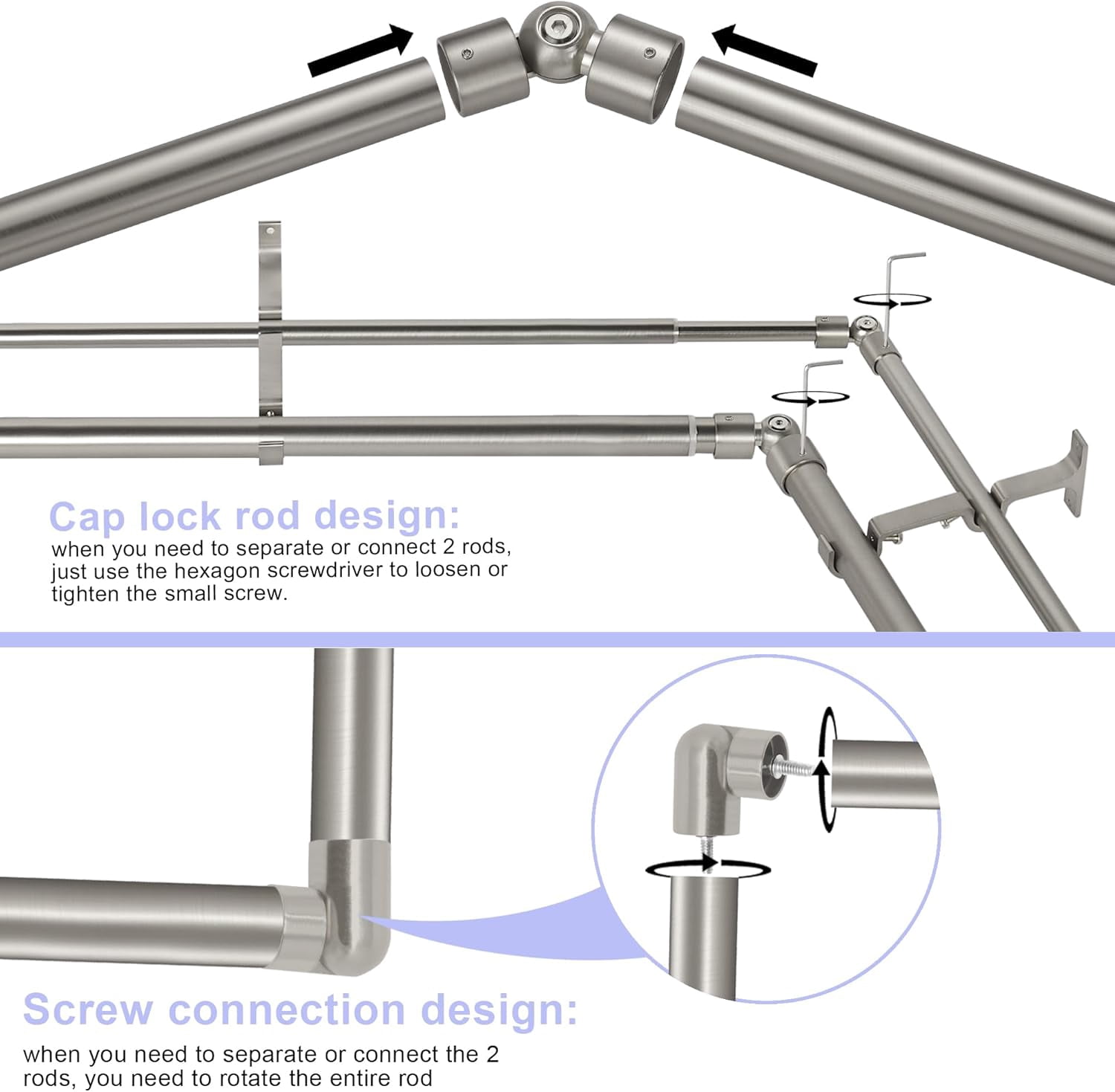 Brushed Nickel Double Corner Window Curtain Rods with Aluminum End Cap Finials and Brackets,1 Inch Diameter Dual Bay Window Curtain Rods, Adjustable 2 Sided 20-36" and 36-72" Center Rod