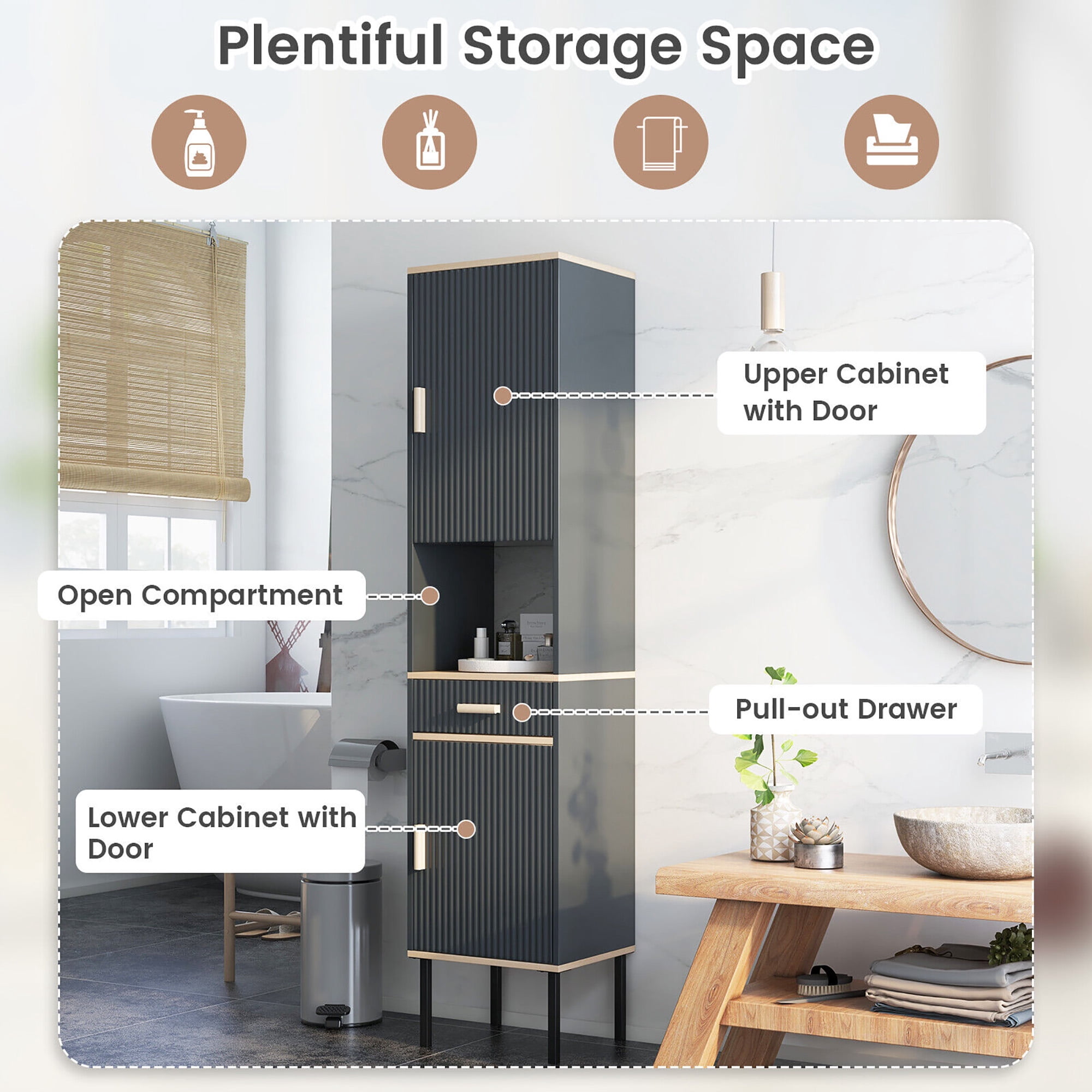 Gymax Tall Bathroom Storage Cabinet Freestanding Narrow Linen Tower w/ Doors & Drawer