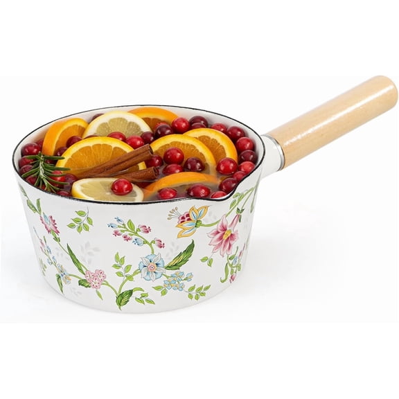 CZQ1 Quart Enamel Milk Pan with Pour Spout, Green Floral Small Saucepan Simmer Pot Stovetop Safe, Wood Handle for Hot Chocolate, Butter, Oatmeal, Holiday Simmer Pot Gifts, Measurement Marks