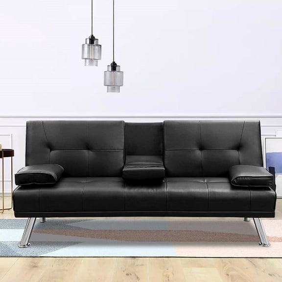 Convertible Folding Futon Sofa with Cup Holders / Provides Comfortable Seating and Napping Options