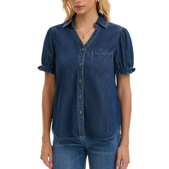 INSPIRE CHIC Women's Denim Top Summer V Neck Short Sleeve Button Front Jean Shirt Blouse S Dark Blue