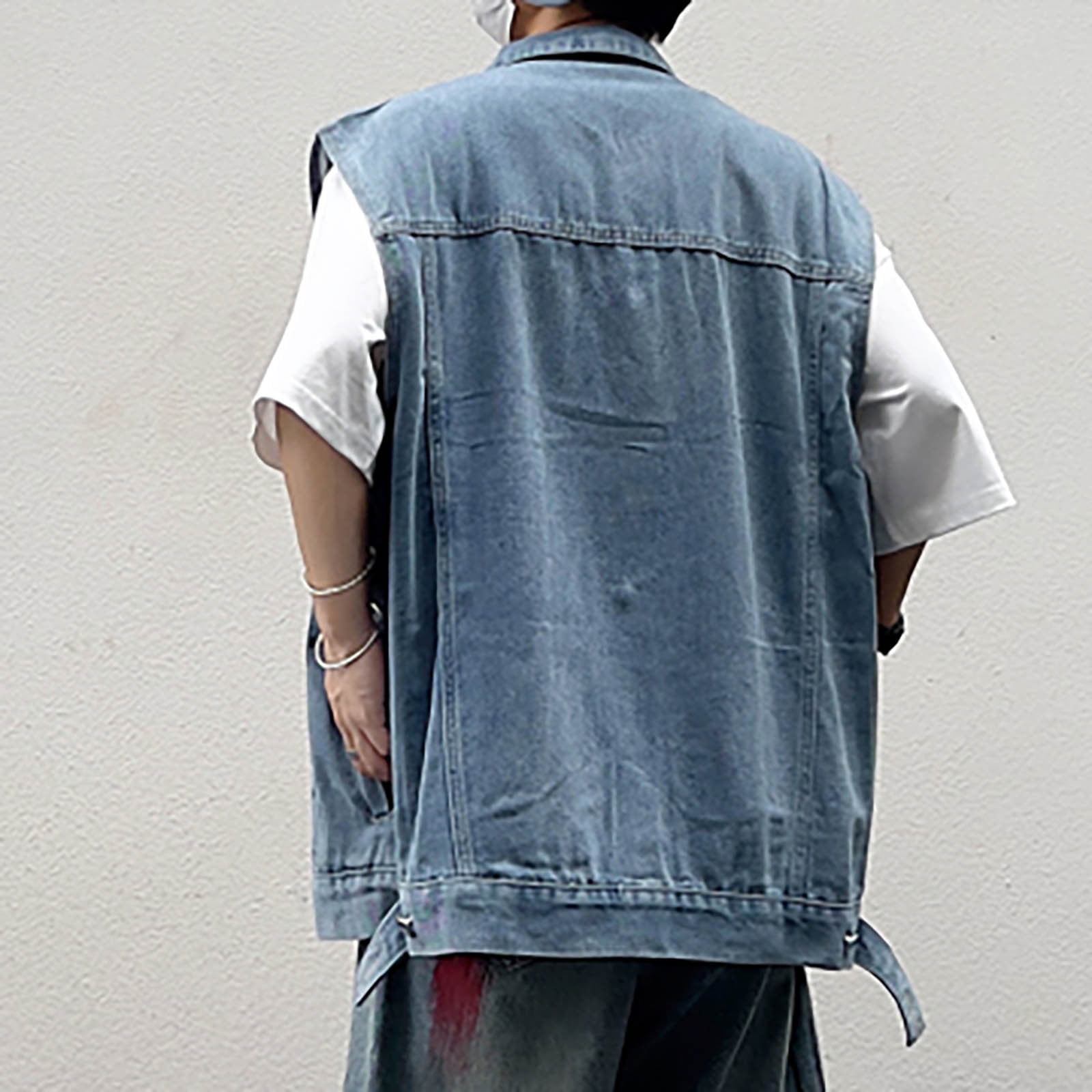 Mens Denim Vest Sleeveless Motorcycle Jacket Vintage Distressed Open Front Big and Tall Trucker Jean Jackets