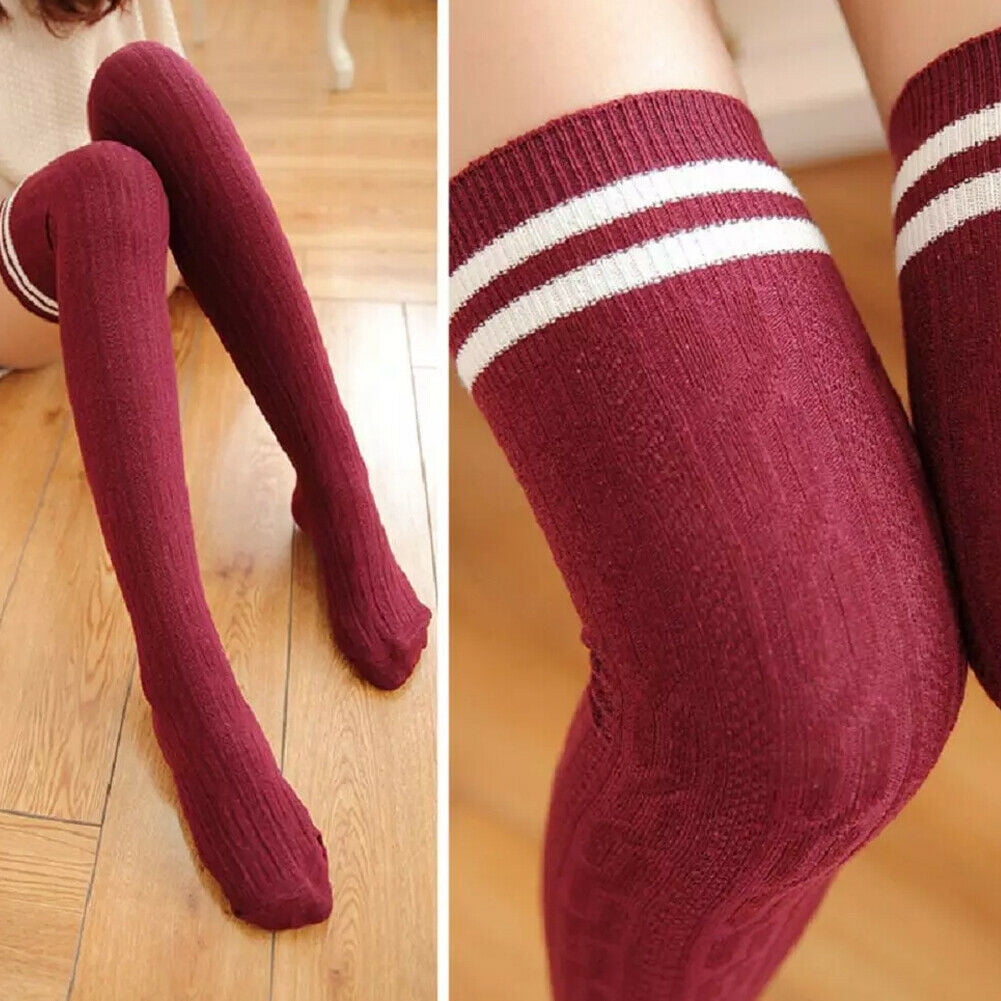 Women Knit Cotton Over The Knee Long Socks Striped Thigh High Stocking Socks New