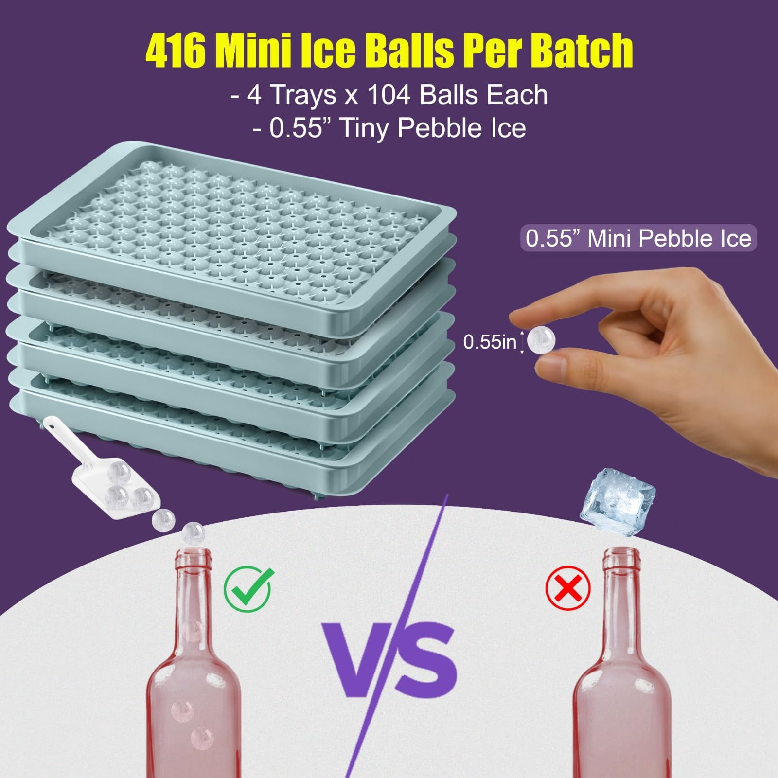 0.55in Mini Ice Cube Trays - Tiny Pebble For Iced Coffee & Fast Chill  Easy Twist Release Stackable With Lid Storage Bin Tongs 2 Straws (4 Pack Blue)