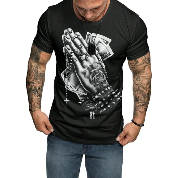 Men's Urban Streetwear Praying Hands Dollar T-Shirt