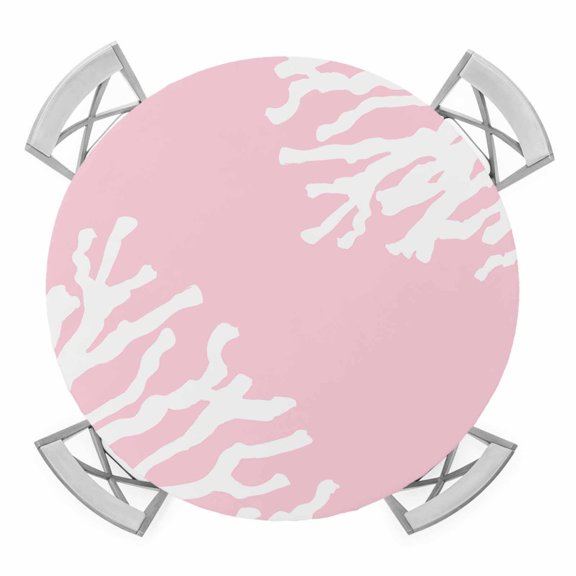 Elastic Fitted Round Tablecloth, Coral Pink Waterproof Stretch Table Cover for 36"-44" Tables, Coastal White Ocean Marine Nautical Beach Washable Outdoor Tablecloths for Patio, Picnic, Camping