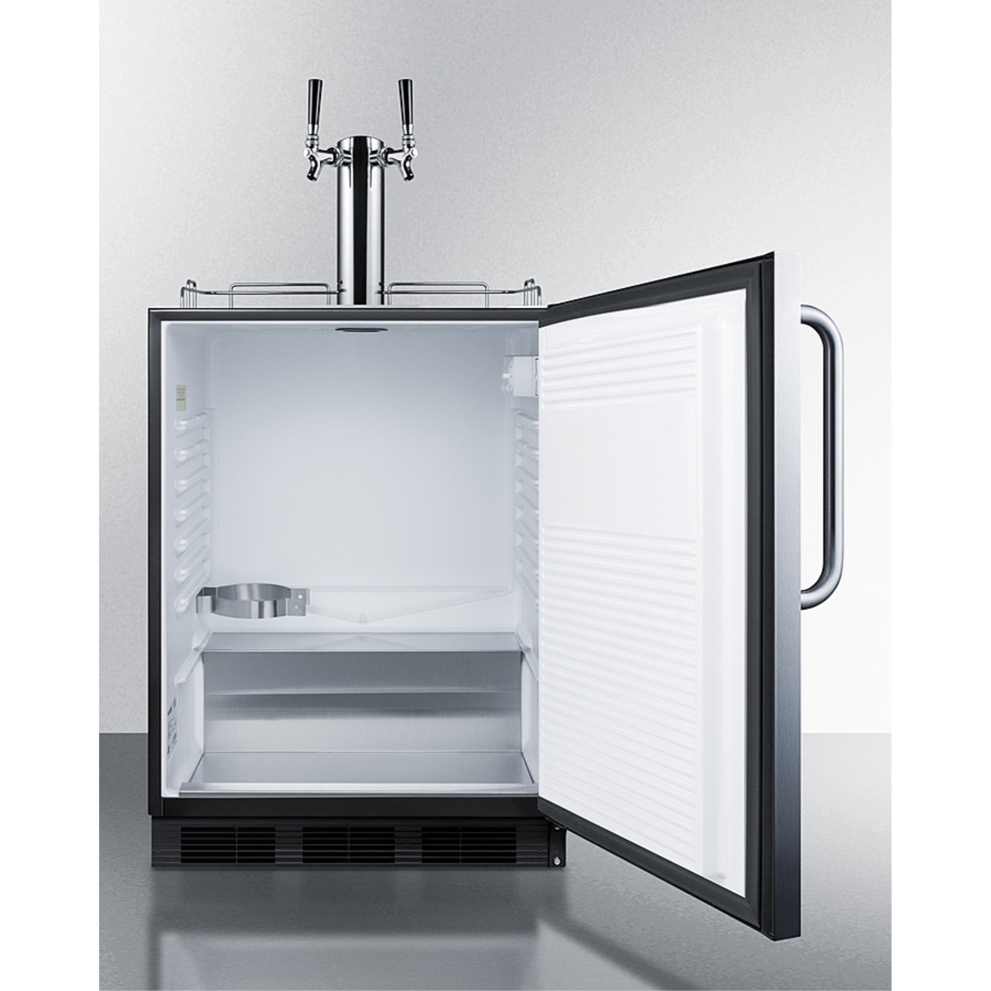 Built-in kegerator for use under ADA compliant counters with dual tap kit for two 1/6 kegs