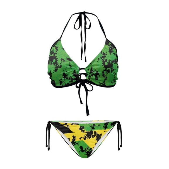 chaqlin Distressed Jamaica Flag Halter Triangle Bikini Set - Sexy Two Piece Swimwear with Tie Side Bottoms for Beach & Pool Vacations