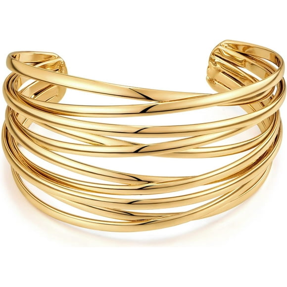 shiyou-Chunky Cuff Bracelets for Women Multi-layer Cross Wire Open Bangle Bracelet Adjustable Chunky Wide Open Wrist Cuffs Wrap Bracelet Gold/White Gold