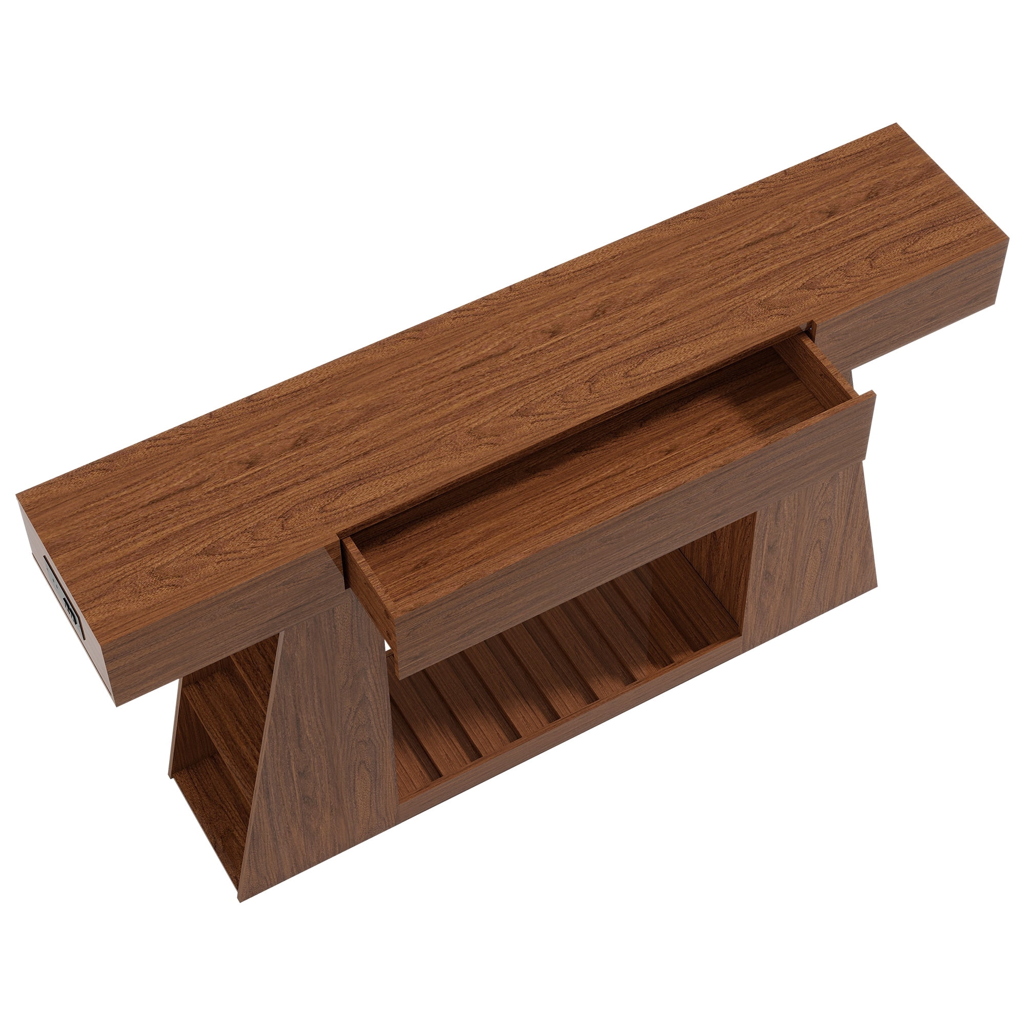 Console Table 59.84 Inch, Narrow Sofa Table with Built-In Power Outlet and Storage Shelf, Entryway Foyer Table and Behind Couch Table, Natural Wood and Brown