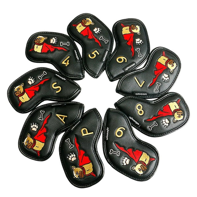 9 Unids Club Head Cover Golf Iron Headcover Sticky 4-9 P a S Golf Wedges Headcovers Bordado Número Hombres Regalo Head Sleeve Golf Club Covers , negro
