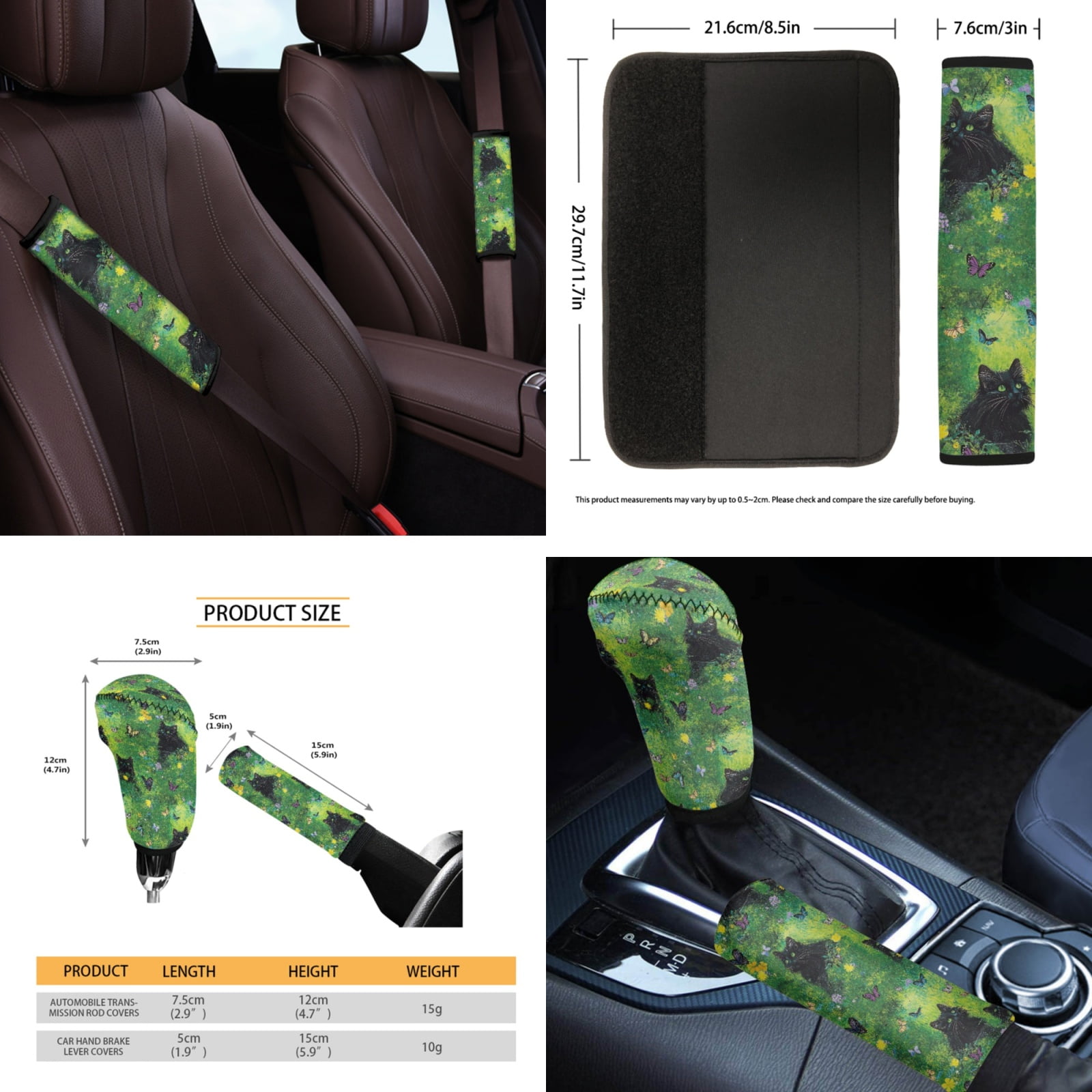 Yuyamidu Black Cat Front Rear Seat Covers for Cars Steering Wheel Cover Butterfly Seatbelt Shoulder Pad Auto Center Console Pad Cover Gear Shift Cover Hand Brake Cover Cup Holders, Set of 14, Green
